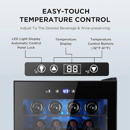 37 Bottle Wine Fridge,Freestanding 145 Can Beverage Refrigerator with Smart Temperature Control，4.5 CU FT Quiet Mini Fridge with Child Lock Panel for Family Restaurant Bar, Black