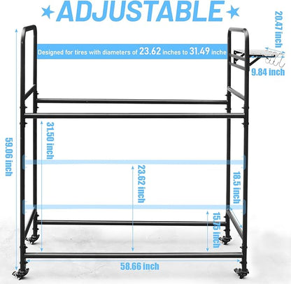 Rolling Tire Rack for Garage, Adjustable Metal Tire Rack with Foldable Heavy-Duty Hole Board, 4 Self-Locking Swivel Casters, 59” Height, 660 Pound Capacity