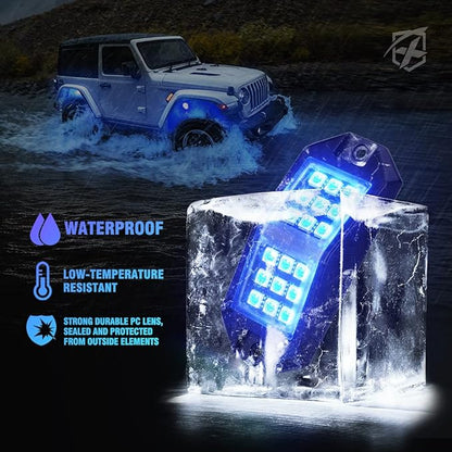 Xprite RGB LED Rock Lights Wide Angle Bluetooth Multicolor Neon Lighting Footwell Underglow Kits w/Wireless Remote, Compatible Jeep Off-Road Trucks Cars UTV ATV SUV RZR Motorcycles Boats 6 Pods