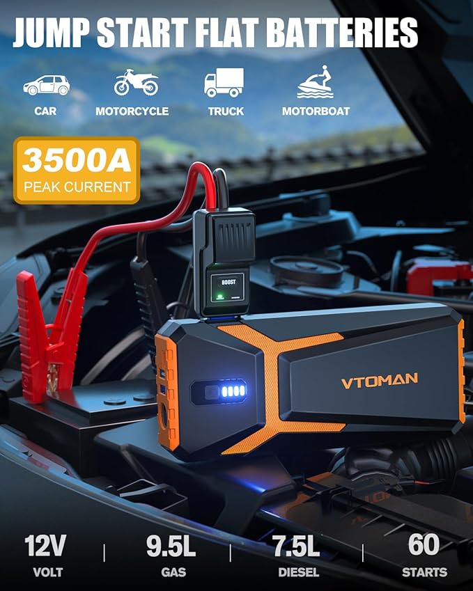 VTOMAN V10 3500A Jump Starter, Portable Car Starter (9.5L Gas,7.5L Diesel Engine) 12V Lithium Jump Box, Auto Battery Booster Power Pack, Car Battery Charger Jumper Starter with Type C Quick Charge