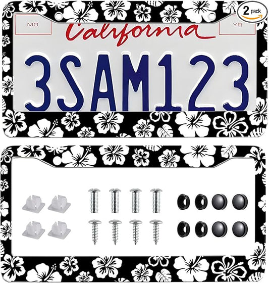 2 Pack Hibiscus License Plate Frame-Rustproof Aluminum White Hibiscus Floral Car Tag Holder Bracket for Women Men, Hibiscus Car Accessories with Screws Included