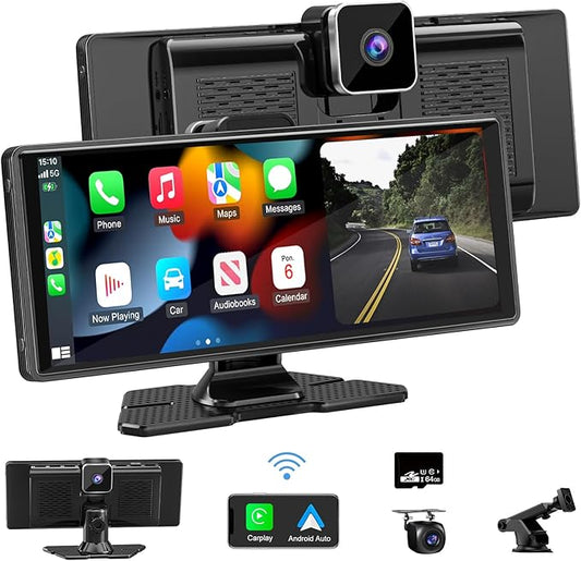Carplay Screen for Car,10.26" HD IPS Wireless Portable car Stereo for Apple Carplay&Android Auto,Car Audio Receivers with 4K Dash Cam/1080P Rear Camera,GPS Navigation,Mirror Link,FM,Voice Control