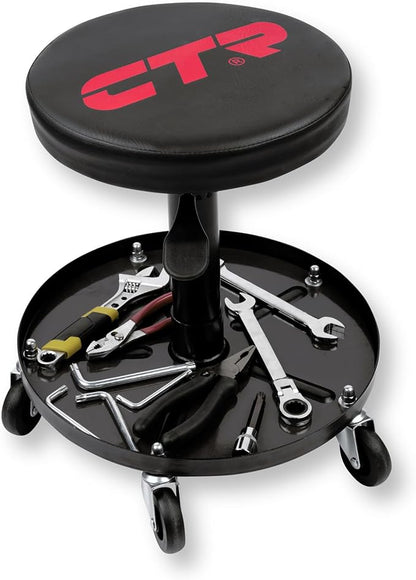 CTR Rolling Mechanic Shop Stool with Magnetic Tool Tray, Heavy Duty Work Stool, Adjustable Garage & Workbench Stool with Wheels, Creeper Seat Shop Chair