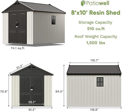 Patiowell 8 x 10 FT Resin Outdoor Storage Shed with Floor, Plastic Shed with Window and Lockable Door for Garden, Backyard, Tool Storage Use, Easy to Install in Beige (Kick-it Shed)
