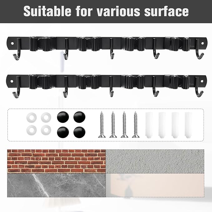 2 Pack Mop and Broom Holder Wall Mount 4 Racks and 5 Hooks Broom Organizer Storage Tool Racks Stainless Steel Heavy Duty Hooks for Home Kitchen Garden Laundry Garage
