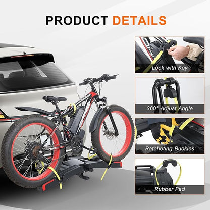 2 E-Bike Foldable Hitch Mount Bike Rack for 2" Receiver SUV & Trucks, Up to 4'' Fat Tire, Lockable Hitch Racks for E-Bike with Ramp and Wheels, 180 LBS Capacity