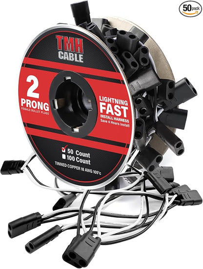 TMH 50 Count 2-Prong Wire Harness Roll Double Female Bullet Plug 18 Gauge - 6.5" Spacing for LED Marker Clearance Lights Hassle-Free Installation