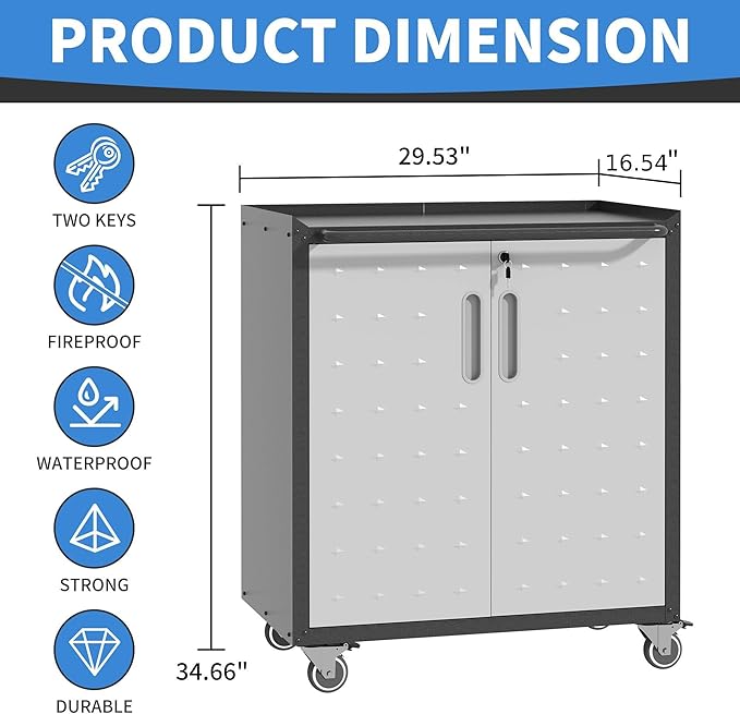 Metal Storage Cabinet with Wheels, Rolling Tool Cabinet with Doors and Shelves, Lockable Garage Storage Cabinet, Assembly Required (Black & Grey)