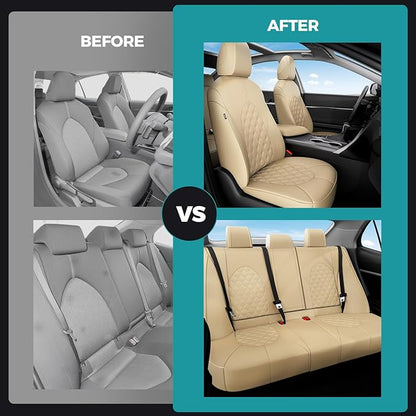 for Toyota Camry Seat Covers Hybrid LE SE 2018 2019 2020 2021 2022 2023 2024 - Custom Car Seat Covers Full Set, Waterproof Breathable Seat Cover for Cars, Leather Cushion Protectors Beige