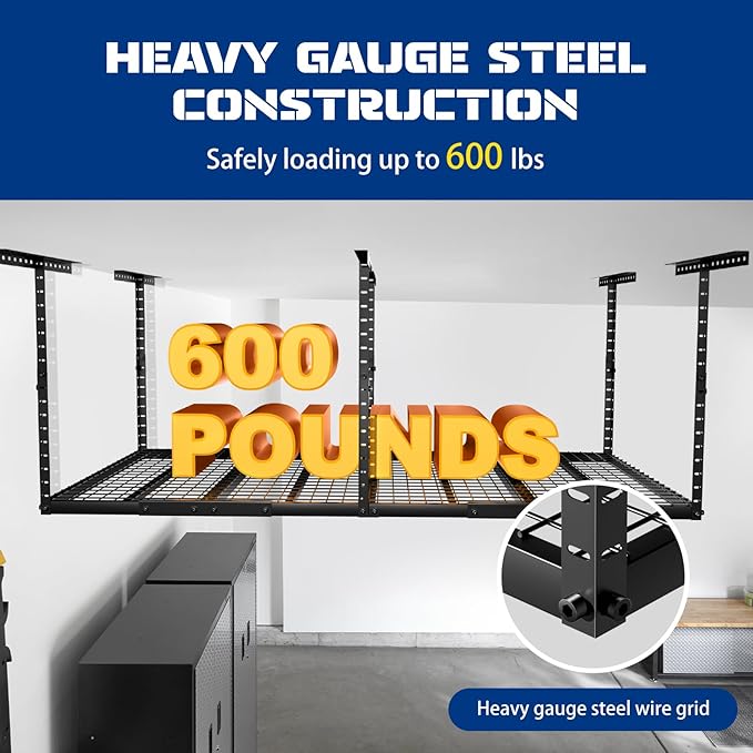 4x8 Overhead Garage Storage Rack with 4 Extra Hooks – Adjustable Heavy-Duty Ceiling Storage System (22"-40"), Holds 600 lbs, 22 lbs per Hook, Steel Hanging Organizer for Tools, Bins & Bikes | Black