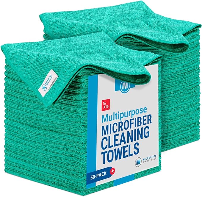 16" x 16" All Purpose Microfiber Towels - 50 Pack - Reusable Wash Cloths, Dust, Kitchen, Car, Shop Rags for Cleaning (Green)