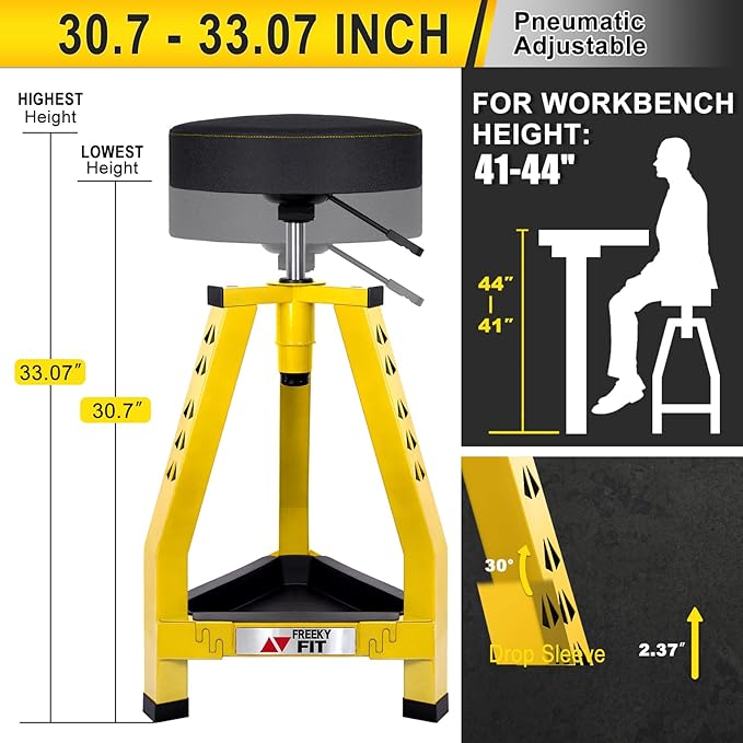Adjustable Tall Shop Stool, Mechanic Garage Bar Stool Chair, Work Metal Chair for Workshop,360° Swivel Padded Seat, Tool Tray Storage, 350 LBS Capacity, Heavy Duty, Yellow