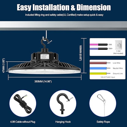 BBESTLED 9 Pack LED High Bay Lights 240W 33,600LM 5000K, Dimmable UFO LED High Bay Shop Light, UL DLC Listed, IP65 Waterproof Commercial Warehouse Lights for Gyms Garage Workshop Barn Factory
