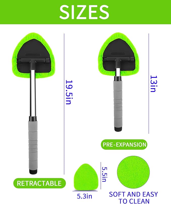 Auto Window Cleaning Tool, Retractable Windshield Cleaner Wand, Car Window Glass Cleaning, Double Sided car Window Cleaner, Microfiber Mirror Cleaning Tool kit. Car Interior Cleaning. (Green)