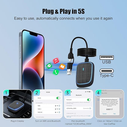 Wireless CarPlay Adapter for iPhone,Convert Wired to Apple Car Play Wireless Adapter, Plug and Play, with 60CM Extension Cable USB & Type-C, Connection Stable No Delay