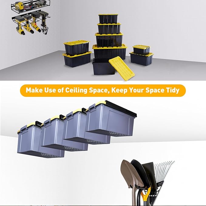 TOPOWN Overhead Garage Ceiling Bin Storage Rack, Heavy Duty Tote Slide Garage Storage System Overhead Tote Storage Rail System (for 4 Bins)