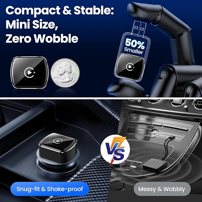Wireless CarPlay Adapter & Android Auto, 2-in-1 CarPlay Adapter Convert Wired to Wireless, Mini Size with USB A & USB-C Extension Cable, Plug & Play, Stable Connection & No Delay