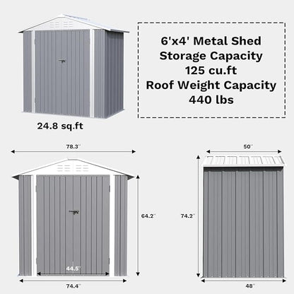 Greesum 6×4FT Outdoor Storage Shed, Metal Patio Storaged Sheds with Lockable Doors, Sheds & Outdoor Storage for Bike, Backyard, Pool and Garden, Gray