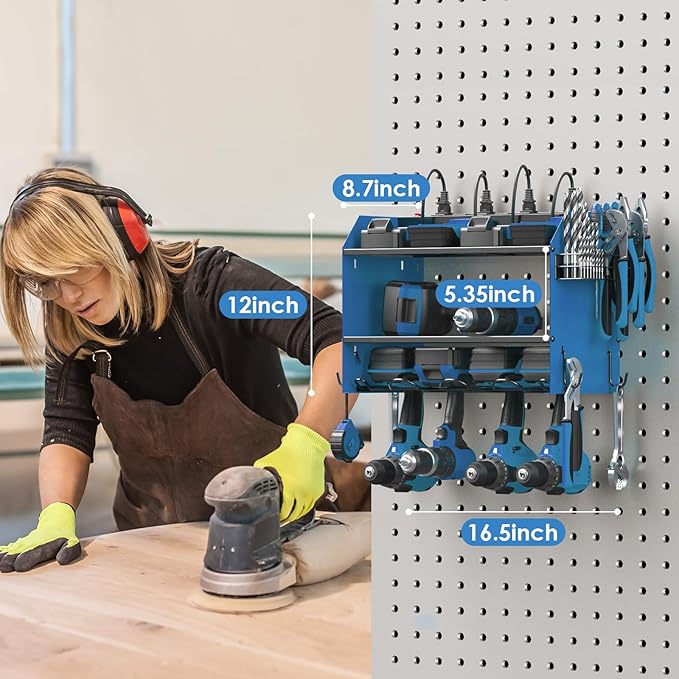 CCCEI Modular Power Tool Organizer Wall Mount with Charging Station. Garage 4 Drill Storage Shelf with Hooks, Screwdriver, Drill Bit Heavy Duty Rack, Tool Battery Holder Built in 8 Outlet Power Strip.