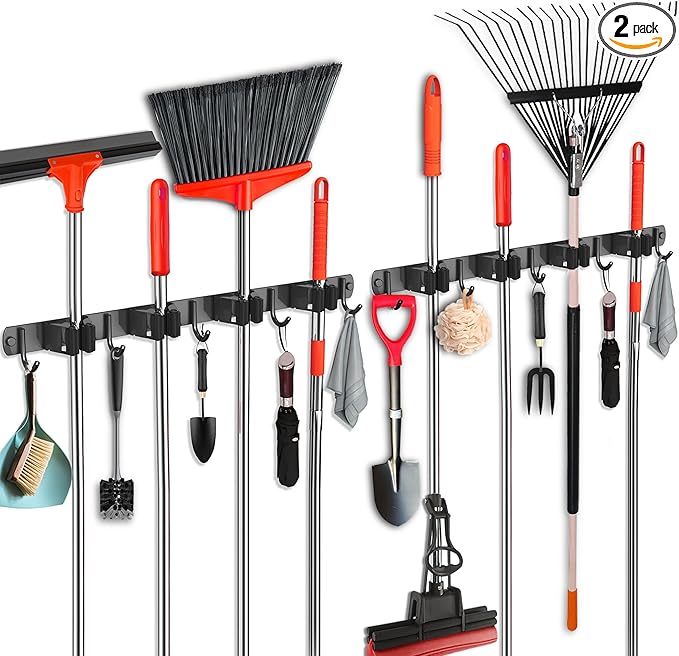 2 Pack Mop and Broom Holder Wall Mount, Upgraded Broom Hanger Wall Mount, Stainless Steel Broom Organizer for Closet Garage Laundry Room Kitchen Wall Decor Black 4R5H