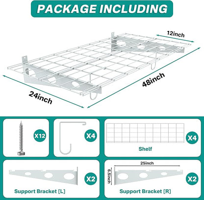 EVERHANGER Wall Mounted Garage Shelves, 2 x 4 ft Metal Storage Shelves, Heavy Duty Wall Shelving with Hooks, Holds Up to 220 Lbs, White