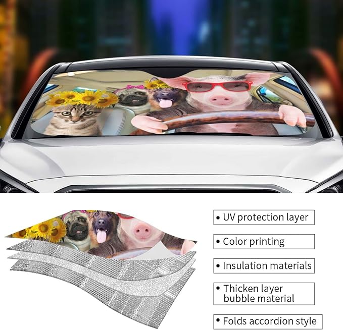 Car Windshield Sunshade Front Window Sunflower Pig Dog cat Drive Sun Visor Protector Foldable Shield Cover for Truck SUV