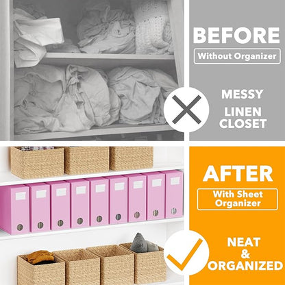 SpaceAid 9 Pack Bed Sheet Organizers and Storage, Foldable Sheet Organizer with Window for Linen Closet, Set Folder Keeper for Queen & King Size Bedding Storage (Pink)