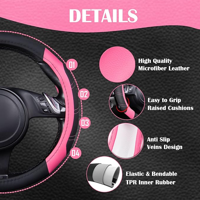 CAR PASS Line Rider Microfiber 14 Inch Leather Sporty Steering Wheel Cover Universal Fits for 95% Truck,SUV,Cars, Anti-Slip Safety Comfortable Desgin (Black Pink)