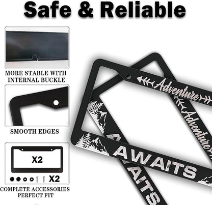 License Plate Frames for Men Black and White Car Plate Frames for Women Adventure Awaits Aluminum Metal Car Accessory 2 Pack with Screw Covers Set