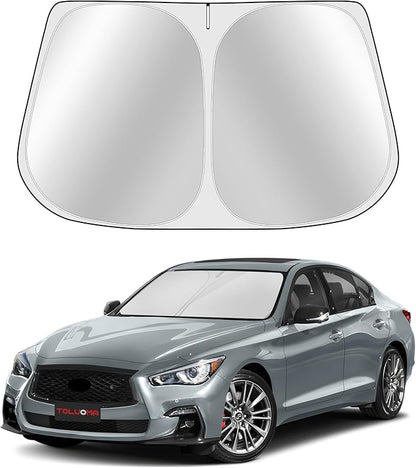 Custom Fit Windshield Sun Shade for Infiniti Q50 2014-2024 - Full Coverage, 210T Reflective Fabric, Double-Layer Design - Blocks 99% UV Rays, Keeps Car Cool, Easy to Install and Store
