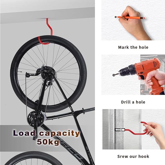 Bike Hooks Heavry Duty 6-Pack,Bicycle Storage Hanger Screw in Ceiling Hooks,Utility Hooks for Wall,Garage,Garden Organization and Storage,Fits Hanging All Bike Types,Bicycle Storage Hooks