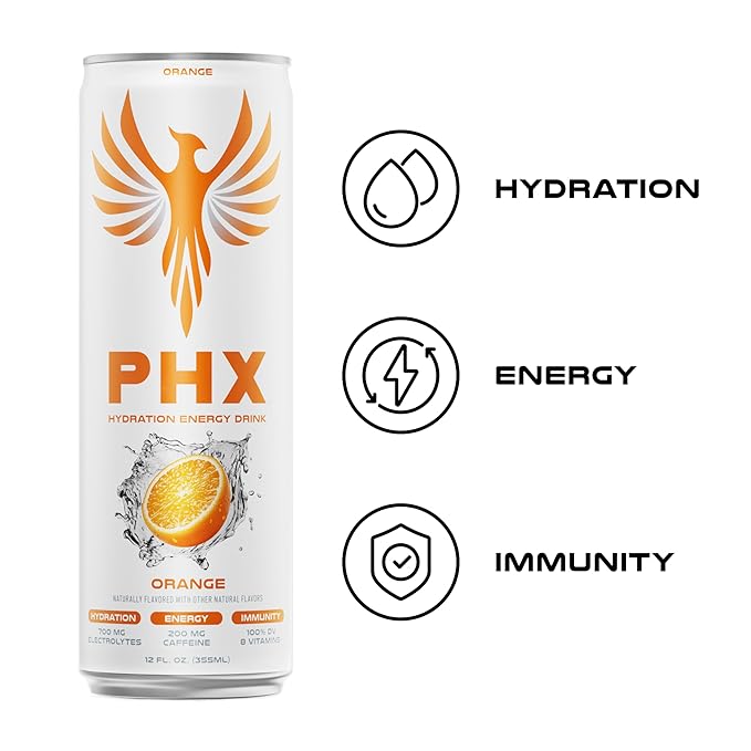 PHX Hydration Energy Drink - 700mg Electrolytes, 200mg Natural Green Tea Caffeine, 100% Daily Value 8 Essential Vitamins - 12 oz Cans (12 Pack) (12 Pack, Variety Pack)