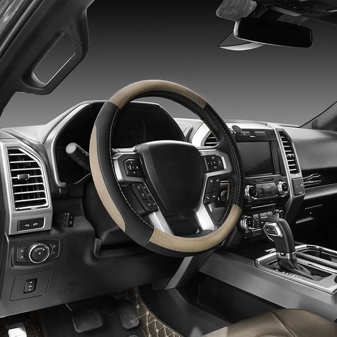 SEG Direct Car Steering Wheel Cover for F-150 Tundra Range Rover 15.5-16 inch, Black and Beige Microfiber Leather