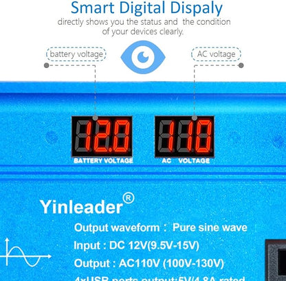 Yinleader 1000 Watt Pure Sine Wave Inverter 12V to 110V DC to AC Car Power Inverter for RV, Road Trip, Camping, Travel, 3 AC Outlets and 4 Built-in 5V/4.8A USB Ports, LCD Display, Blue