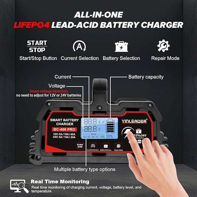 Battery Charger 40A, 12V/24V Lead Acid Smart Battery Charger, 12V LiFePO4 Car Battery Trickle Charger, Automatic Battery Maintainer for Car Motorcycle Lawn Mower Marine Boat Lead Acid Batteries