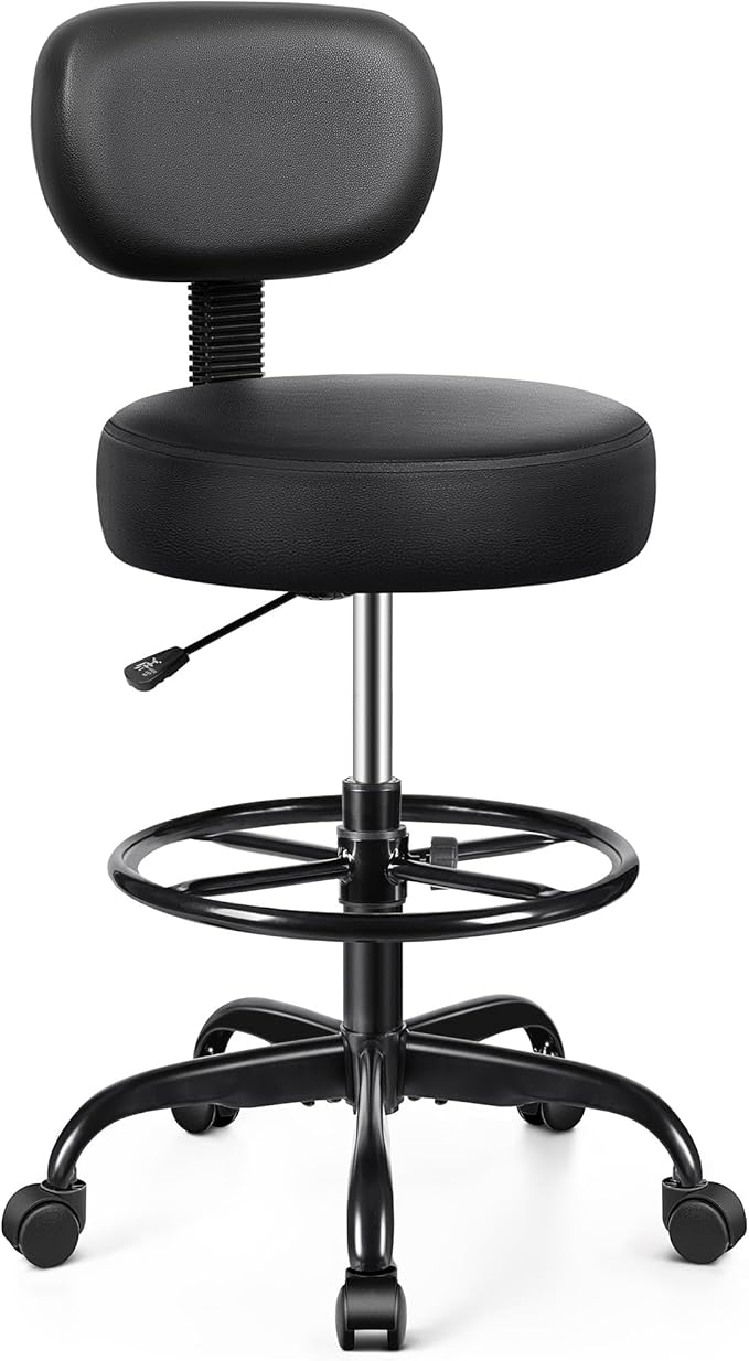 Drafting Chair with Backrest – Adjustable Foot Rest Rolling Stool with Wheels, PU Leather Swivel Stool for Office Spa Studio Lab Counter Salon Home Work Bar Kitchen Shop(Black)
