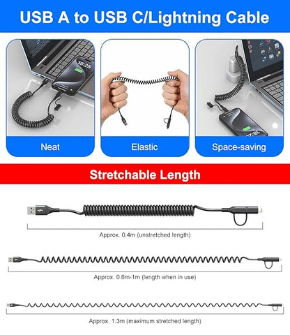 USB to USB C and Lightning Cable Support Apple Carplay & Android Auto - 3A Fast Charge & 480Mbps Data Sync Coiled Lightning Cable USB C iPhone Charger Cord for iPhone 16 15 14 13 12 11 Android