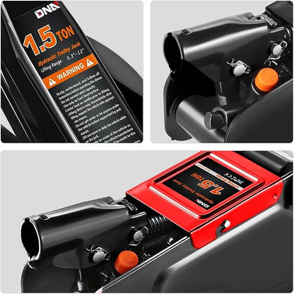 DNA MOTORING Low Profile Hydraulic Trolley Service/Floor Jack, 1.5 Ton (3000 lbs) Capacity, Lifting Range 5.3"-12", Black, TOOLS-00327-BK