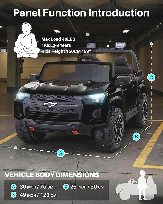 Joywhale 24V Ride on Truck 4WD Kids Electric Vehicle Licensed Chevorlet Ride on car with 7AH Big Battery, 320W Powerful Motors, 2 Seats, Music, 4 Wheel Suspension, 2 Speeds, LED Lights,Black