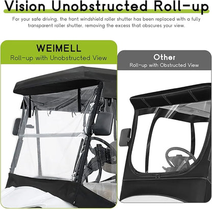 Golf Cart Enclosure 4 Passenger for Club Car Tempo Onward Extended Roof Waterproof Transparent Driving Rain Cover Fit 4-Seater with 4-Sided Clear Windows Mirror Zipper Roll-up Door Black