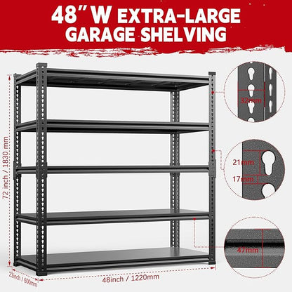 Garage Shelving, 48" Wide 5-Tier 3000lbs, Boltless Assembly, Adjustable Large Garage Storage Shelves, 48" W x 24" D x 72" H Heavy Duty Storage Rack