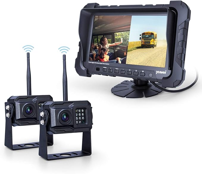 Yuwei Digital Wireless Backup Camera System,YW-77214 Dual HD 720P Camera Wireless Reverse System with Night Vision and Wide Viewing Angles, 7inch Wireless Monitor Split Screen for Trailer, RVs, Ca