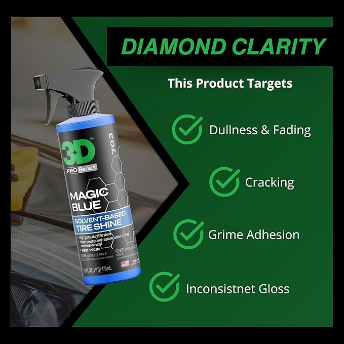 3D Magic Blue Tire Shine Spray - Water Resistant High Gloss Tire & Trim Dressing | Long Lasting Protection | No Sling, No Run Formula | Made in USA |16 oz