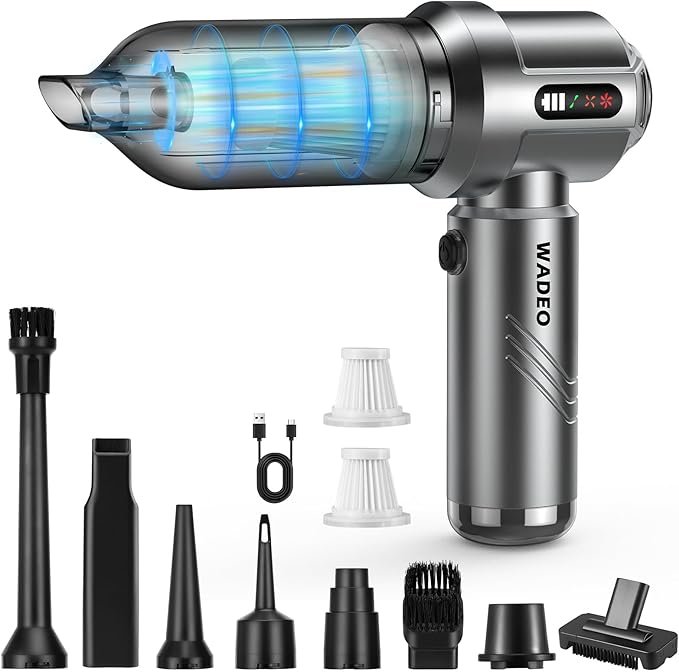 WADEO Car Vacuum Portable Cordless 18000PA, 4-in-1 Handheld Vacuum Cleaner and Air Duster with LED Display & Multi-Nozzles, Mini Hand Held Vacuum Rechargeable for Home, Car, Office, Pet Hair