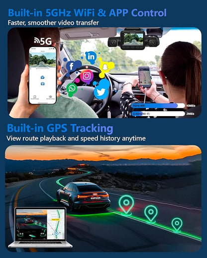 AI Dash Cam Front Rear Inside with Driver Monitor System, 360° Car Camera 4K, 4 Channel Camera for Cars Built-in WiFi GPS, Dashcam with 128GB SD Card, Night Vision, 24H Parking Mode, Upgrade DMS V8Pro