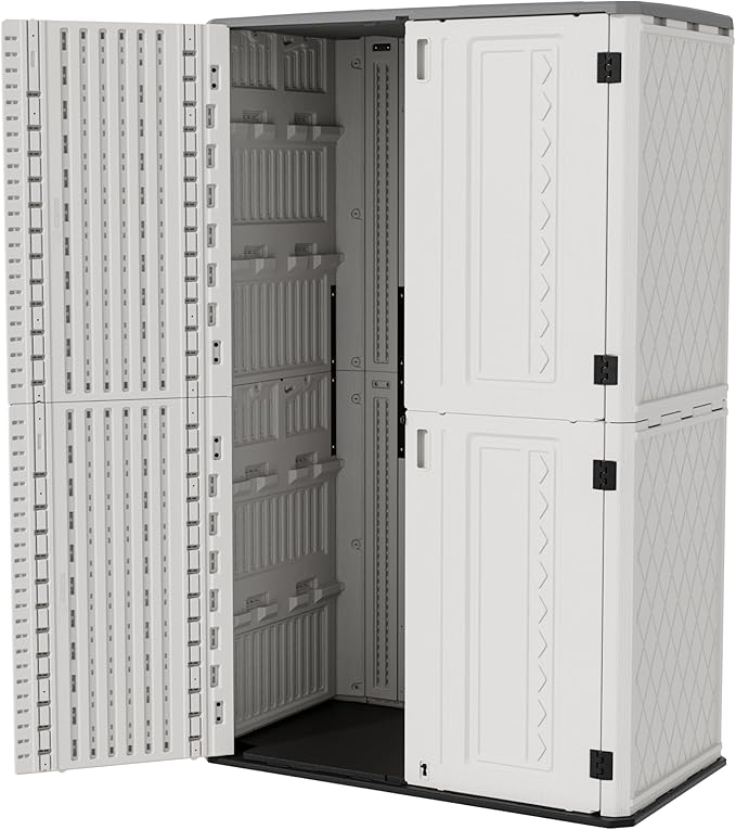 ZZM Resin Outdoor Storage Shed, 67 Cu.ft Vertical Resin Tool 4x6 FT Cabinet w/o Shelf for Garden, Patio, Backyard, All-Weather Outdoor Plastic Storage Clearance, Lockable with Floor (Light-White)