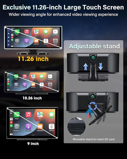 2025 Exclusive 11.26'' Portable Wireless Apple CarPlay Screen for Car & Android Auto Car Stereo, 2.5K Dash Cam 1080P Backup Camera car Audio Receivers/GPS Navigation/Voice Control for All Vehicles