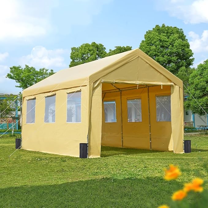 ADVANCE OUTDOOR 10x20 ft Adjustable Height Carport with Removable Window Sidewalls and Doors, Heavy Duty Car Canopy Garage Party Tent Boat Shelter with Reinforced Poles, Beige