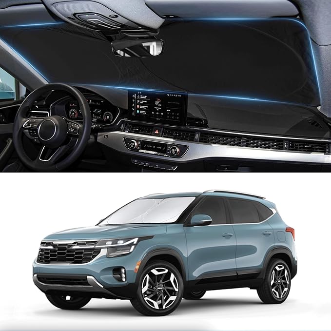 Custom Fit Seltos Windshield Sunshade for 2021-2024 2025 2026 Kia Seltos Front Window Shades Cover for Windshield Sun Visor Protector 210T Reflector Blocks UV Rays Cooler Car Accessories