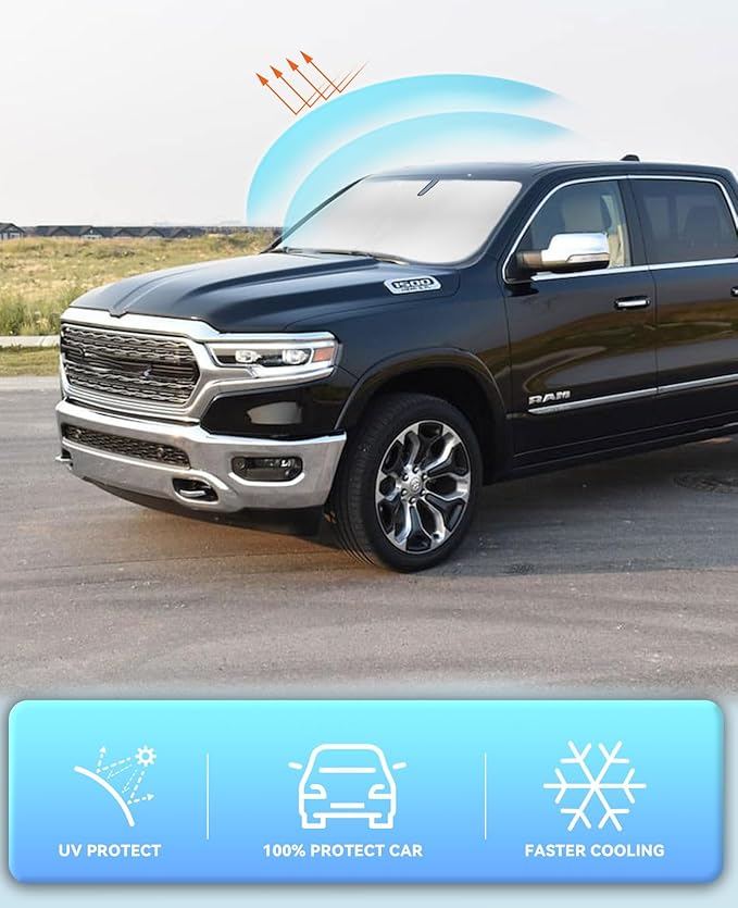 Sun Shade Windshield Sunshades Cover for 2011-2018 Dodge RAM 1500 2500 3500 Truck Accessories Custom Fits 2Dr RegularCab, 4Dr QuadCab, CrewCab, MegaCab Foldable Window Shields Sun Visor Protector